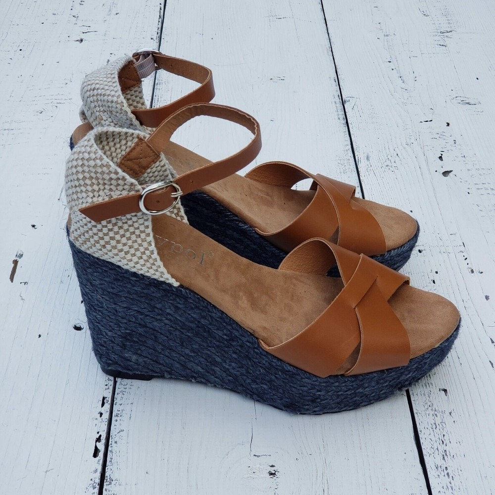 Maypol Womens Brown Navy Blue Espadrille Wedge Heel Size 8 - NEW Made in Spain